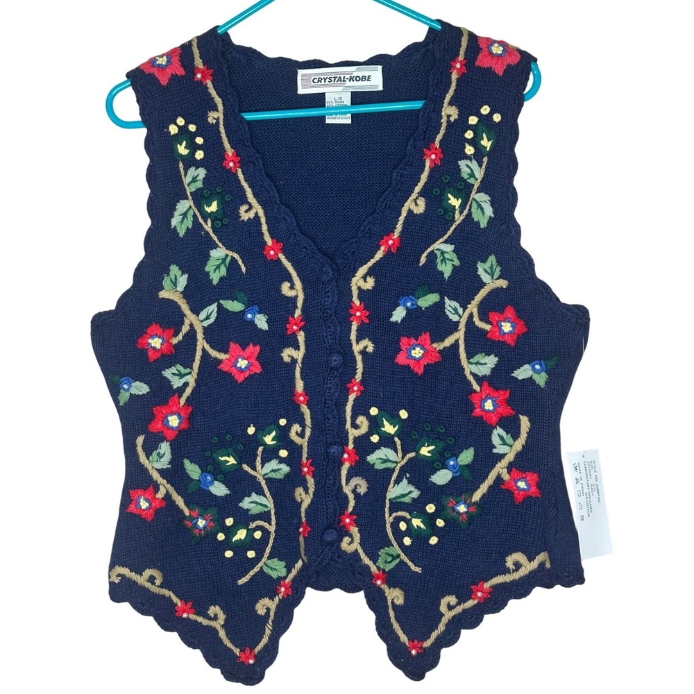 Crystal Kobe Navy Floral Embroidered Knit Sweater Vest Scalloped Hem Large NWT